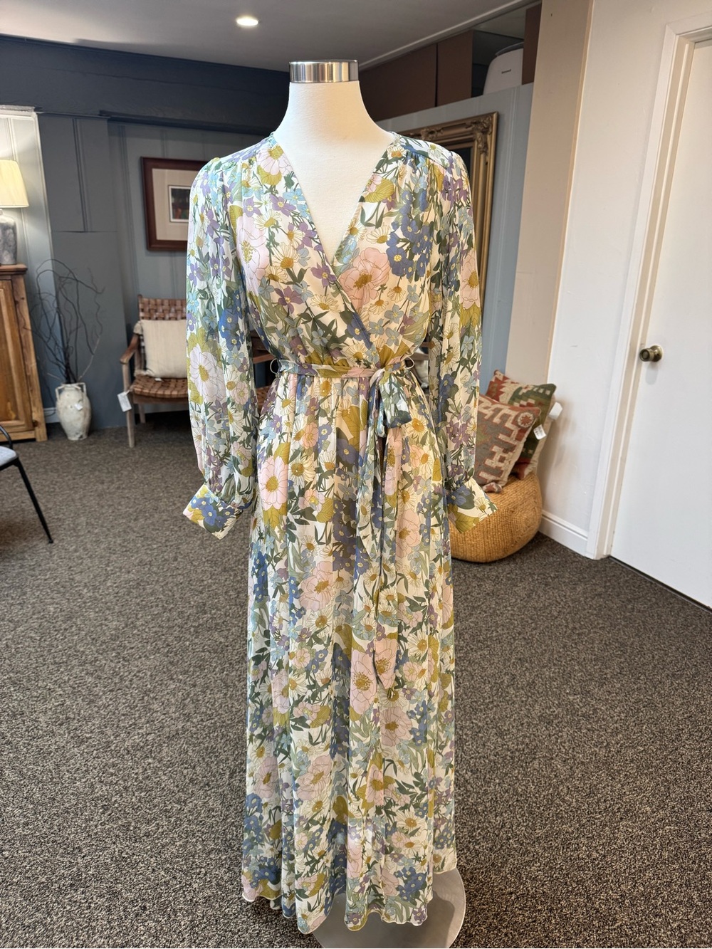 Aakaa Pastel Floral Wrap Maxi Dress in Pink, Blue & Green